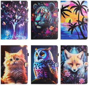 Skriv ut läderplånbok för iPad 10.9 5 6 8 9 10.2 10.5 Pro 11 tum Air4 Mini 6 5 4 3 2 1 Butterfly Flower Tree Owl Wolf Cat stockproof Animal Card slot Holder Flip Cover Pouch