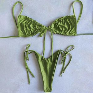 Damskie stroje kąpielowe Kobiety Bra g-strings stringi bikini set bok krawat krawat kąpielowy sznurowanie solidnego koloru letnie kąpiel kąpiel ropa mujer