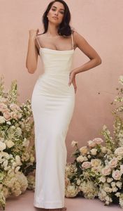 Vintage Long Spaghetti Crepe Wedding Dresses with Slit Sheath Pleated Floor Length Vestido de novia Zipper Back Bridal Gowns for Women