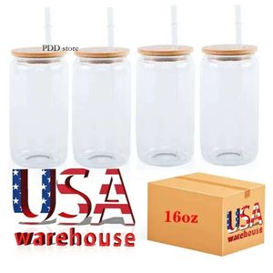 US/CA Stock 16oz Becher Bier Doppelform Bambus Tassen Bubble Tea Boba Isoliertes Glas Becher mit Deckel und Stroh Indivial Pack 0514