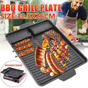 Bärbar BBQ Grill Pan Non Stick Charcoal Grill Plate för Butane Gas Spis Picnic Rectangle Korean BBQ Tray Outdoor Cookware 240513