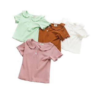 Summer Baby Girls T shirt Cotton Breathable Short Sleeve Polo Shirt Japanese Korean Wavy Edge Girls Tops Candy Color 240514