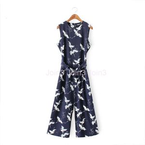 New fashion womens jumpsuit o-neck sleeveless bird print sashes high waist wide leg loose long pants rompers SMLXL