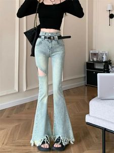 Frauen Jeans hohe taillierte dünne, gekräuselte Jeans Hose gerade Länge Hose Slim Retro Torn Micro Flared 2024