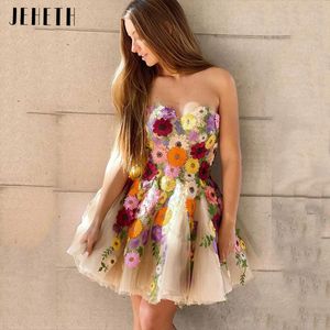 Jeheth Champagner trägerlose Blumen Tüll Mini Prom Homecoming -Kleid exquisiter Schatz eine Linie Abendparty Graduationskleid 240513