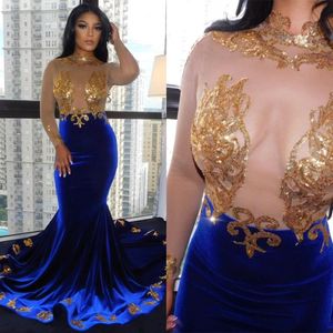 2022 Sexy Fabulous High-neck Mermaid Prom Dresses Transparent lace Long Sleeve Appliques Lace Royal Blue Evening Gowns B0513 296y