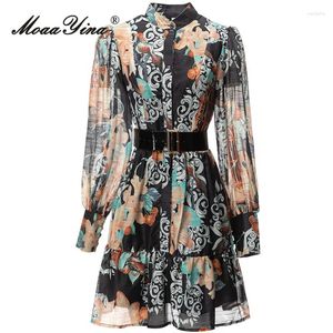 Vestidos casuais moaayina designer de moda de outono estampa floral vestido vintage stand stand grot button brot coletado cintura slim mini