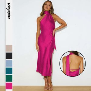 2024 Summer Women's Fashion Satin Design Sense Split Sexig rygglös fransk aftonklänning F51446