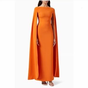 Elegant Short Orange Crepe Evening Dresses With Cape/Slit Sheath Bateau Neck Ankle Length Zipper Back Prom Dresses for Women