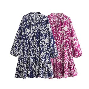 Taop ZA Spring Product Fashion Fashion and Casual Vneck de mangas compridas decoração de botão impresso vestido solto 240514