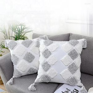 Pillow Gray And White Color Matching Plaid Tufted Cover Geometric Fringed Embroidery Pillowcases For Pillows 45x45 Pillowcase