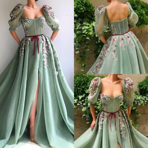 Vintage Beaded Split Prom Dresses A Line Sweetheart Half Long Sleeve Lace Appliqued Plus Size Evening Gowns Custom Made Party Dress 244q