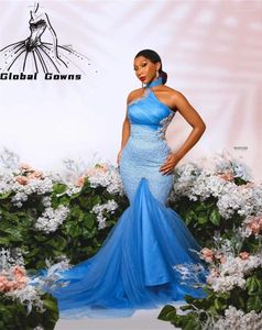 Partykleider Sky Blue Aso Ebi Afrikanische Hochhalte Abendkleid für schwarze Mädchen Geburtstagskleid Perlen Applikationen Vestidos de Noche