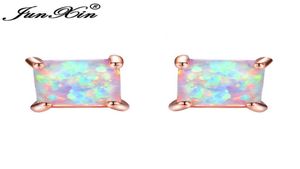 JUNXIN GreenBlueWhite Fire Opal Stud Earrings For Women Rose Gold Filled Square Earrings Princess Cut Birthstone Earring Gifts4806312