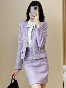 Work Dresses Light Purple Professional Suit Tweed Jacket Skirt Spring / Autumn Women's Coat Business Ladies 2 Piece Sets