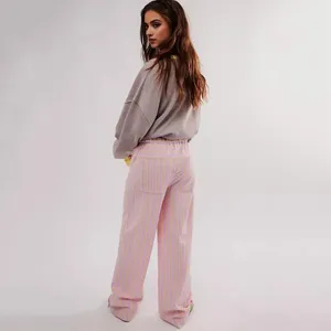 Women's Pants Striped Print Bottoms Vertical Wide Leg With Drawstring Pockets For Women Streetwear Trousers A Stylish Look