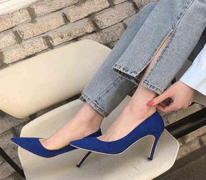9 cm nytt mode grunt munflock pumpar sexiga höga klackar damer klär kvinnor blå skor6512502