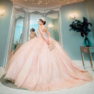 Seksowne Bling Rose Gold Różowe cekinowe koronkowe sukienki Quinceanera High Scyk Kryształowy koralik z ramion Ball Suknia Vestidos de Dress Guest Co 255p