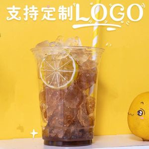 Disposable Cups Straws 50pcs Net Red PET Plastic Clear Cup 500ml Cold Drink Milk Tea Ice Coffee Juice Packaging Cream Dessert With Lids