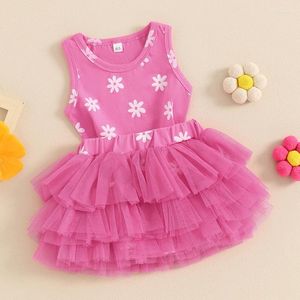 Roupas conjuntos de roupas para menina menina roupas de verão estampa de flor redonda calça mangas tanques de tanques em camadas tule tule tutu saias de 2pcs Conjunto de roupas