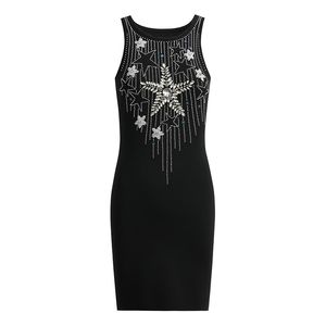 New Designer Brand Milan Runway Dresses Women Sleeveless Beading Rhinestones High Quality Black Slim Sheath Bodycon Party Evening Knitted Dress Vestidos DR515