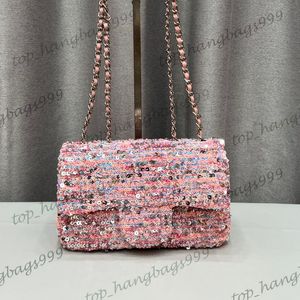 23C kvinnors glänsande glitterrosa lila paljetter sjöjungfru mini axelväskor klassiska mini -klaff quiltad silverkedja crossbody handväskor crad hållare handväska 21x13x7cm