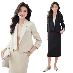 Trajes de saia elegante de duas peças para mulheres de manga comprida escritório coreano casual 2024 primavera outono duplo de peito duplo