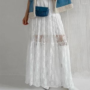 スカートY2Kピュアホワイトフェアコアボーホーフローラルレースマキシ女性の多目的クラシックセミパースペクティブサマーセクシーなホリデー衣装