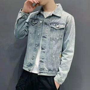 Джинсовые куртки Человек Слим Fit Ruped Jeans Coat для мужчин, вымытой осенью с окрытой одеждой с брендом отверстия в самых низких ценах модной Y2K 240514