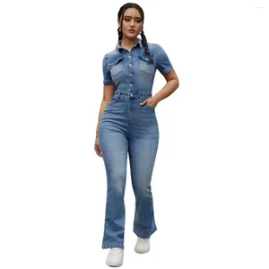 Women's Jeans Women Overalls Denim Ankle Length Pants Single Breasted High Waist Pockets Solid Streetwear Button Turn Down Collar