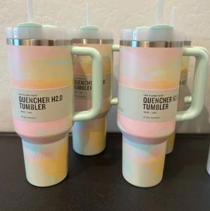 40oz quencher Tumblers H2.0 Clean Slate Warm Cool Serene Brushstrokes Cups 40oz rostfritt stål muggar med handtag lock och halmbiltumbler vattenflaskor GG0514