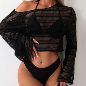 Kadın Mayo Bikini Set Sexy Siyah Üç Parça Mikro Yular Örgü Uzun Kollu Mahsul Üstleri Smock Thong Mayo Bater Beach Giyim