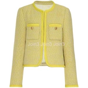 Women O-Neck Żółty kolor Tweed wełniany płaszcz krótkiej kurtki Smlxl