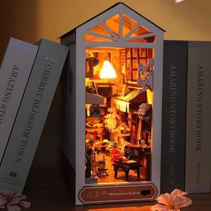 Arkitektur/diy hus diy bok nook kit hylla infoga miniatyr dollhus 3d pussel trä bokhylla rum dockhus bokhouse med led lätta leksaker gåvor