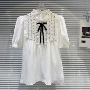 Women's Blouses 2024 Summer Classic Style Bow Rhinestone Beaded Elegant Chiffon Short-Sleeved Shirt Blouse For Women White Top