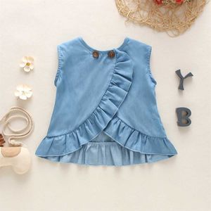 T-shirts sommar ny baby topp enkla blå flickor koreansk stil söt barns ärmlösa kläder (0-3 år) L2405