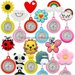 Pocket Watches Lovely Cartoon Retractable Animals Love Heart Rainbow Sunflower Nurse Doctor Hospital Clips Hang Quartz Clock Drop Deli Oti8R
