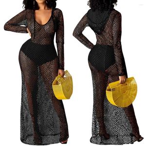 Solid Color Mesh Hollow Out Bohemian Dress Women Summer Hooded Long Sleeve Fishnet Se genom Retro Ladies Beach Vestido