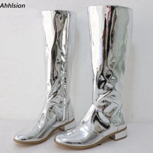 Ahhlsion Real Photos Women Winter Knee Boots Flat With Heels Round Toe Gorgeous Silver Party Shoes Ladies US Plus Size 5-20