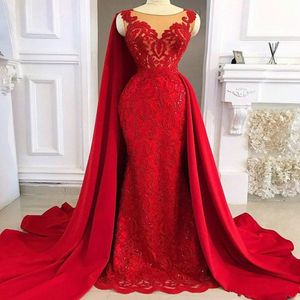 Red Lace Stain Mermaid Evening Pageant Dresses with Long Cape 2020 Modern Overskirt African Sheer Neck Occasion Prom Gowns 247q