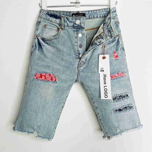 P19N Mens Jeans American Men Designer Women Short Jean Pocket Button Fly raka hål tätt burrs rippade tyg denim shorts blå lila