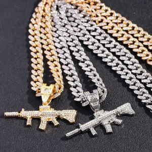 Tennis Hip Hop Iced Out Crystal AK47 Gun Pendant Cuban Necklace Mens Luxury CZ Tennis Chain Necklace Punk Rock Jewelry Gift d240514