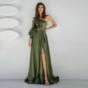 Klänningar grön enkel ärm aftonklänningar en axel sida slits klänning för speciellt tillfälle förstörde en linje arabisk dubai formell vestidos