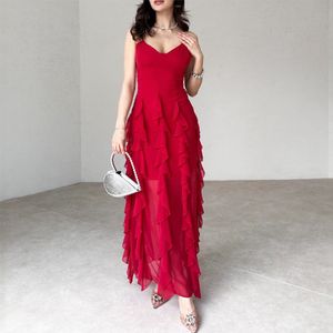 vネックイブニングドレス長いラインフォーマルドレスエレガントな赤いシフォンフォーマルパーティー女性のためのプロムガウン