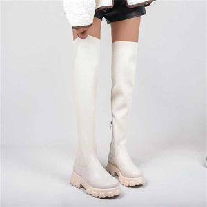Hot winter boot Autumn and winter thick soled over knee boots womens elastic flying knitting wool high tube boots round head breathable single shoes 221102