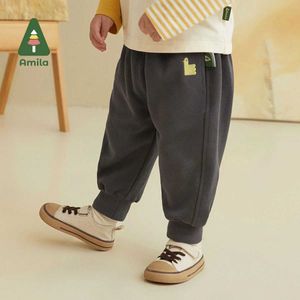 Trousers Amila Baby Pants 2023 Spring New Solid Color Cotton Boys and Girls Trousers Cute Cartoon Casual Children Clothes FashionL2405