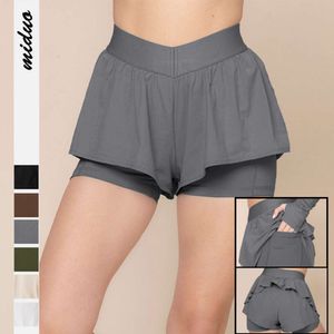 European style ruffle edge guard light up safety shorts, solid color buttocks lifting and bodybuilding pants, comfortable naked pocket, sports yoga pants F51535