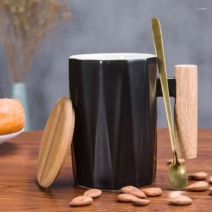 Coffee Pots Custom Logo Wooden Handle Mug Ceramic Cup With Spoon Porcelain Mugs For Milk Tea Lid