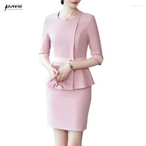 Vestido de duas peças Naviu Skirt Skirt serve feminino de verão Profissional formal slim blazer e office ladies trabalham use uniforme azul marinho