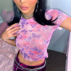 Damska koszulka z nadrukiem Butterfly Pink Crop Top Kobiety z krótkim rękawem ukochany Y2K Crew szyja elastyczna mesh przezroczystą ulicę koszulek